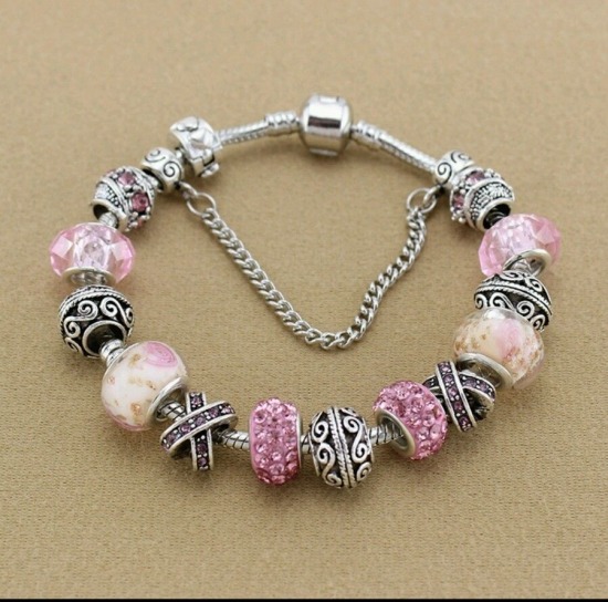 European Style Murano Bead Bracelet w/Charms Pink